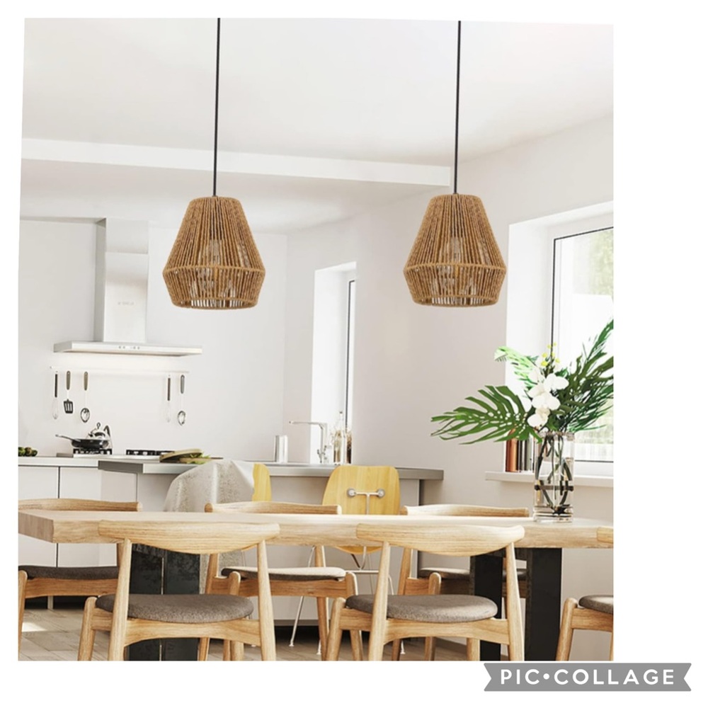 NEW WOVEN PENDANT LIGHT 7” BOHO HANGING LAMP WITH RATTAN LAMP SHADE 2 PACK